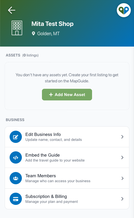 The business dashboard with an Add New Asset button and links for editing business info, embedding the guide, team members, and billing.