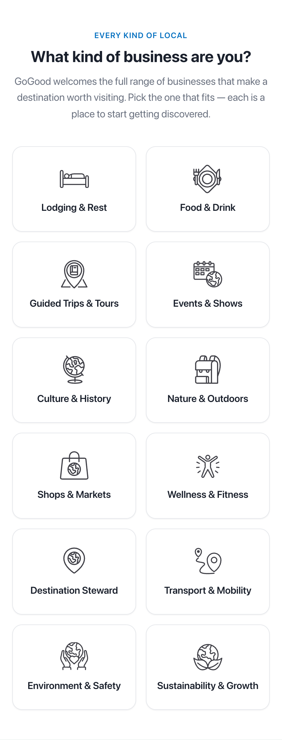 The "What kind of business are you?" screen showing twelve category cards.