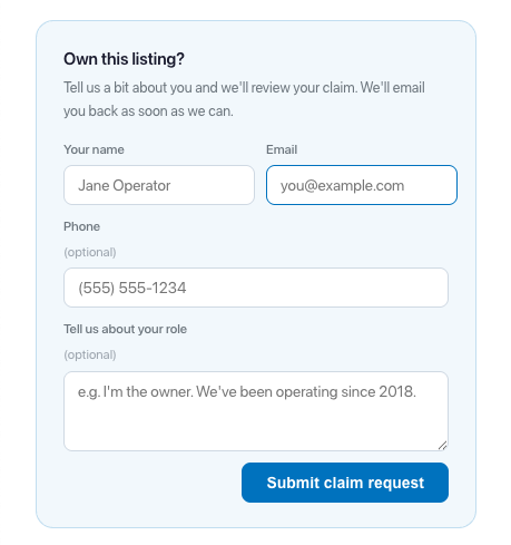 The "Own this listing?" claim form, with fields for name, email, phone, and your role.