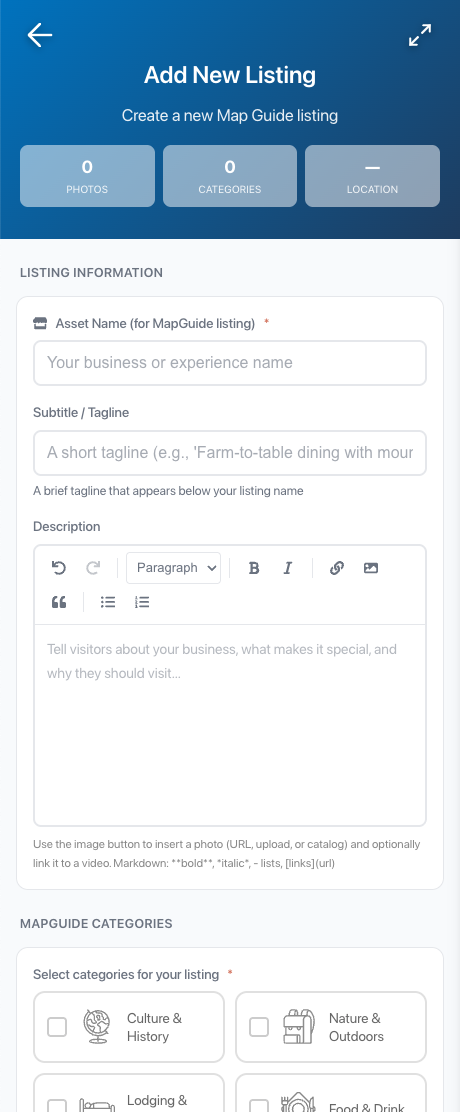 The Add New Listing form with fields for asset name, tagline, description, and category checkboxes.