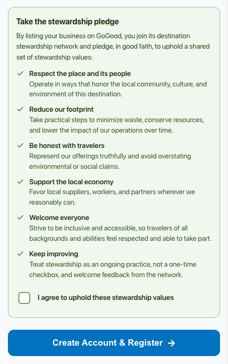 The Stewardship Pledge with six commitments, an agreement checkbox, and the Create Account & Register button.