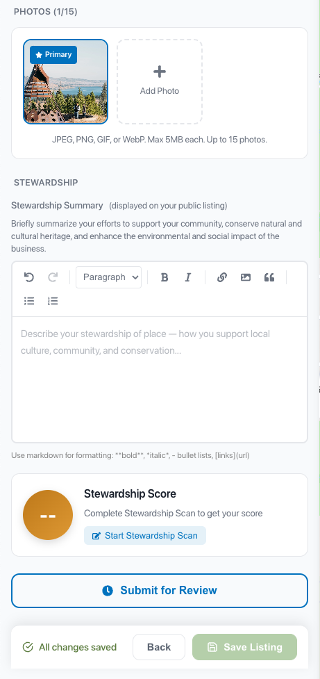 The Stewardship section with a summary rich-text field, the Stewardship Score panel, and the Submit for Review button.